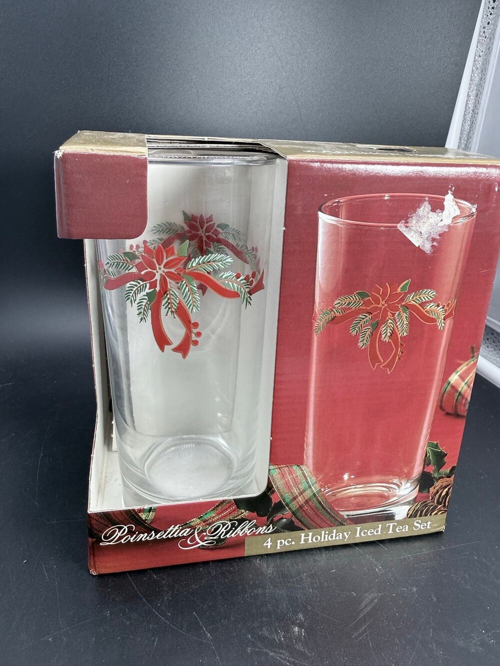 Vintage Libby Poinsettia Ribbons And Boughs Christmas Glasses - Set Of 4